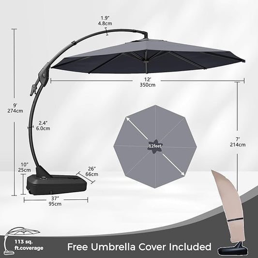 Grand patio 12 FT Patio Cantilever Umbrella Outdoor Large Round Aluminum Offset Umbrella Base Included for Deck Yard (Gray, 12 FT)