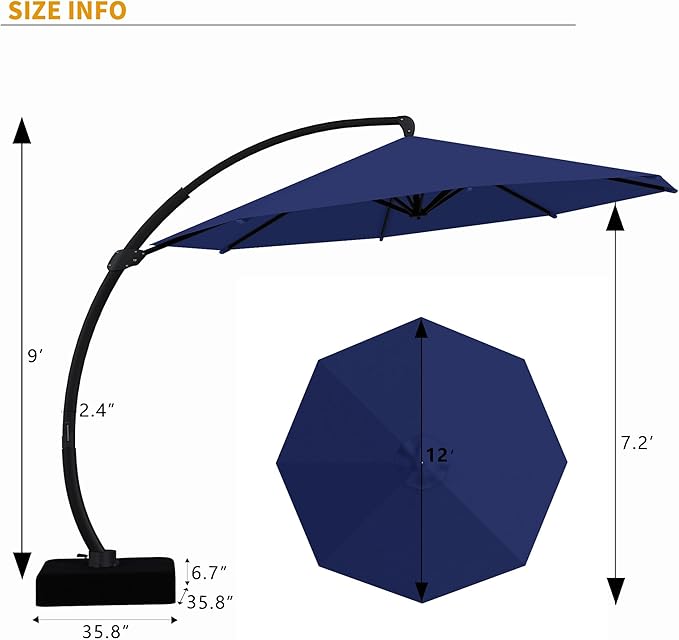 Kingdura 11ft Cantilever Patio Umbrella with Base Included, Large Round Offset Outdoor Pool Umbrella, 360° Rotation & Infinite Tilt, Heavy Duty Aluminum Frame for Deck Backyard, Navy blue