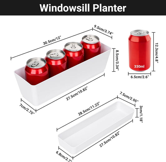 GREANER Herb Planter with Tray, 1 Pack 12x3.8 Inch Rectangle Window Box, Indoor Succulent Flowers Succulent Plastic Pot for Windowsill, Garden, Balcony, Office Outdoor Decoration - White