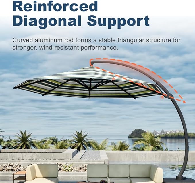 Acrylic Fabric 11FT Cantilever Umbrella with Base Large Curvy Outdoor Aluminum Offset Umbrella w/ 360° Rotation, UV Resistant Canopy for Patio, Garden, Backyard, Green Stripes