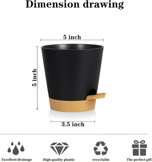 5 Pack 5 inch Self-Watering Pots, African Violets Planter with Drainage Holes and Reservoir, Black Brown Plastic Planter for Indoor Outdoor Plants Flowers and Houseplants black brown, 5 inch 5 pcs