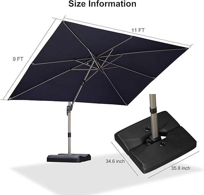 PURPLE LEAF 9' x 11' Patio Umbrella with Base Cantilever Umbrella Rectangular Outdoor Offset Umbrella with Champagne Frame and 360° Rotation for Garden Deck Pool, Navy Blue