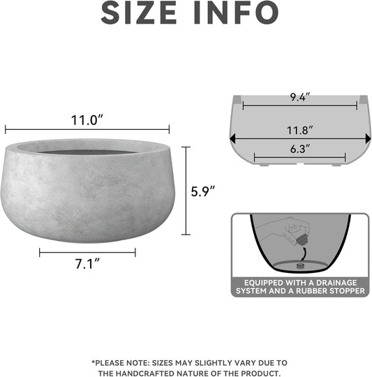 Kante 11.8" Dia Round Concrete Planter, Cement Plant Pots with Drainage Hole and Rubber Plug for Outdoor Indoor Garden Home, Modern Curvaceous Design, Natural Concrete