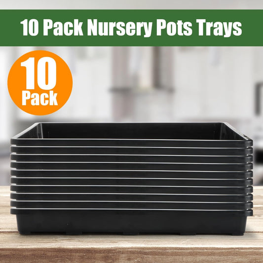 10 Pack Nursery Pots Trays (17"x11"x2"), Plastic Flat Seed Starter Trays, Durable Carrying Seedling Starter Tray, Reusable Tray for Planting and Collecting Drainage Water (Black)