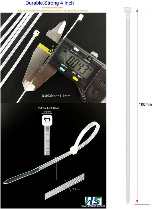 HS 1000 Pack Mini Zip Ties Clear Plastic Ties 4 Inch Bulk 4" White Cable Ties 18 Lb for Bag Tags,Electric,Lights,Party Decorate
