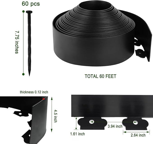 Hugeleaf 4.5 Inch Tall Landscape Edging 60 Feet Garden Edging with 60 Spikes, Plastic Landscape Border Edging for Landscaping Lawn, Flower Beds(Black)