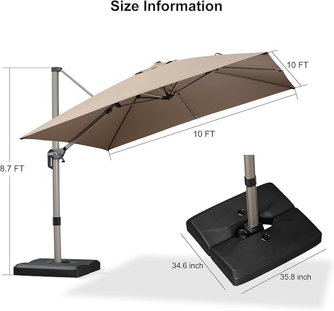 PURPLE LEAF 10FT Patio Umbrella with Base Cantilever Umbrella Square Outdoor Offset Umbrella with Champagne Frame and 360° Rotation for Garden Deck Pool, Taupe