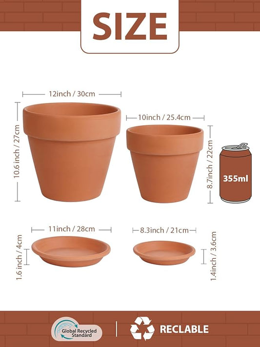INGOFIN Terracotta Pot with Saucer 10&12 Inch - Ceramic Clay Pot for Plants with Drainage Hole, Large Terra Cotta Flower Planter with Tray for Indoor Outdoor Plants