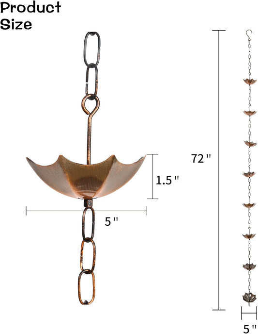 Metal Rain Chain Decoration 6 FT., Rain Catcher Metal Chain Gutter Downspout 72'' for House Eaves, Garden & Home, Umbrella Shape Rain Chains