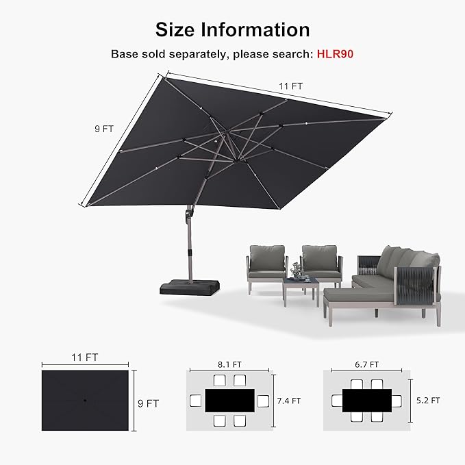 PURPLE LEAF 9' X 11.5' Patio Umbrella, Rectangle Outdoor Cantilever Umbrella, Aluminum Offset Umbrella with Champagne Frame and 360° Rotation for Pool Deck Garden, Black