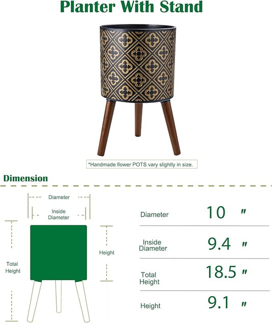 10 Inch Plant Pot with Stand, Planter for Indoor Plants, Modern Large Flower Planter Pot with Drainage Holes for Outdoor, Black & Gold