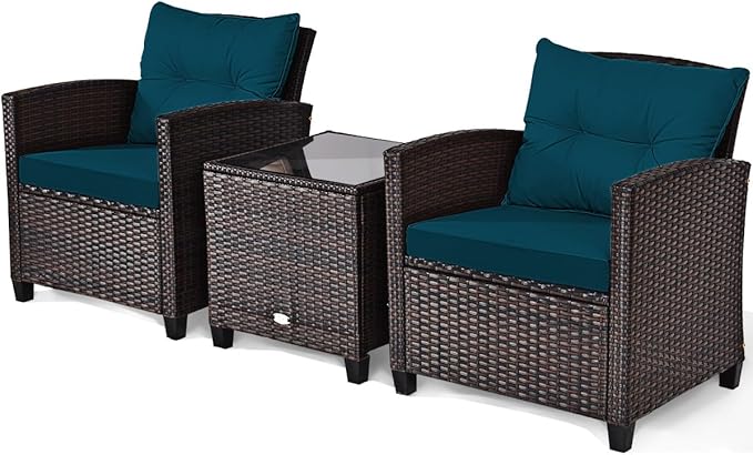RELAX4LIFE 3 Piece Patio Furniture Set, Wicker Bistro Conversation Set w/2 Cushioned Armchairs & Glass Topped Table, Outdoor Rattan Sofa Set Patio Furniture for Porch Balcony Poolside (Peacock Blue)