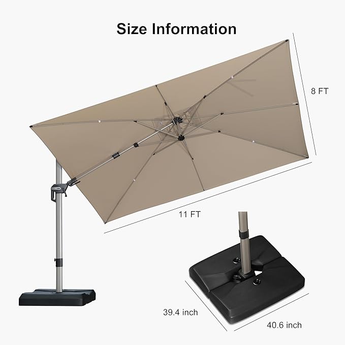 PURPLE LEAF 11.5' X 8' Left-right Tilting Patio Umbrella with Base Outdoor Swivel Cantilever Offset Aluminum Umbrella with Champagne Frame and 360-degree Rotation for Garden Deck Pool, Beige