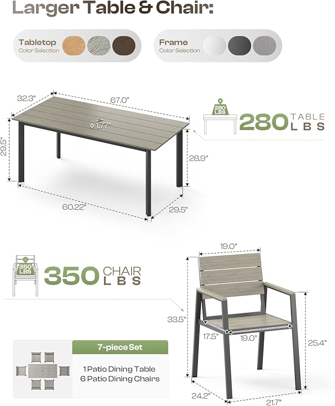 Outdoor Dining Set for 6, Patio Table and Chairs Set with Umbrella Hole, 7 Pieces HDPS Outdoor Furniture Sets for Patio, Garden, Backyard (Gray)