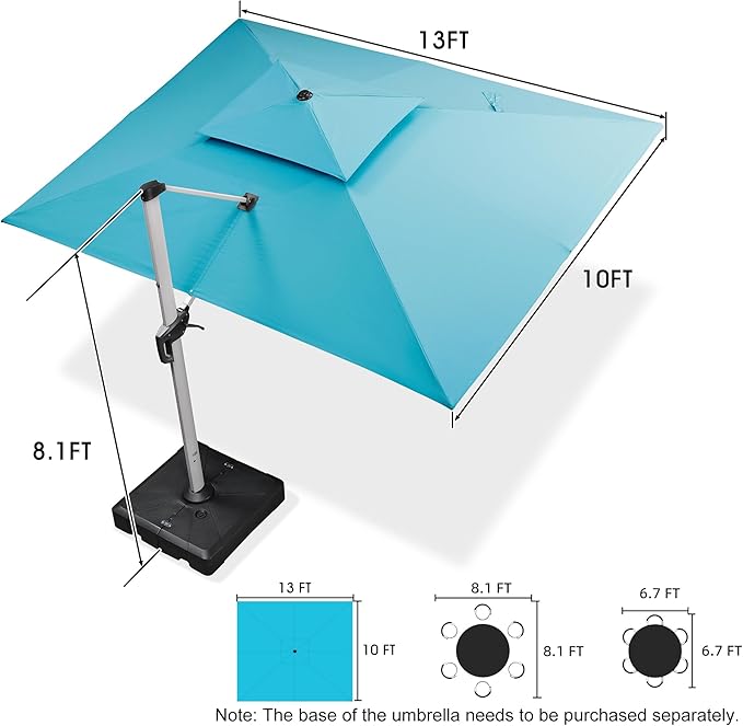 PURPLE LEAF 10' X 13' Patio Umbrella Outdoor Rectangle Umbrella Large Cantilever Umbrella Windproof Offset Heavy Duty Sun for Garden Deck Pool Patio, Turquoise Blue