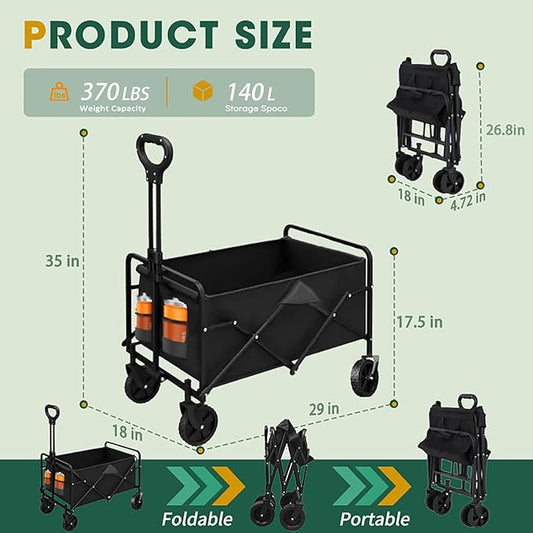 Collapsible Wagon with Wheels, 370lbs Weight Capacity Foldable Beach Wagon with Flexible Handle Portable Utility Wagon Cart for Outdoor, Grocery, Garden, Camping