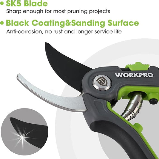 WORKPRO Bypass Pruning Shears, 8’’ Stainless Steel Gardening Hand Pruner, Professional Garden Trimming Scissors with Sharp SK5 Steel Blades, Ideal Garden Tool,Green