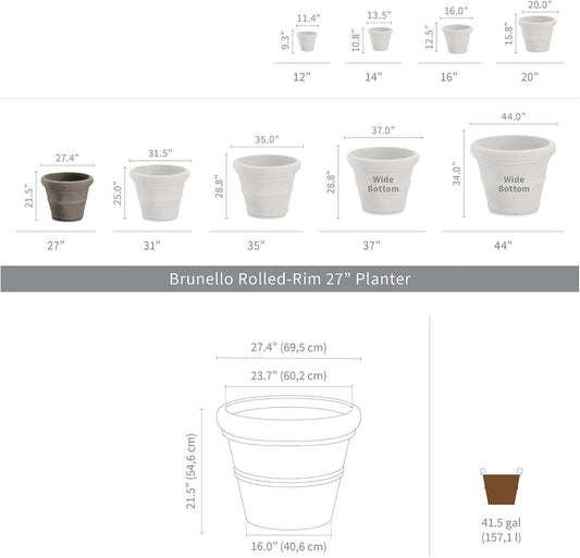 Crescent Garden Brunello Classic Rolled Rim Planter Pot, Indoor/Outdoor Plastic Round Plant Pot - Resin Large UV-Resistant Flower Pot - Frostproof, Fadeproof Pots - 27'W' (Black)