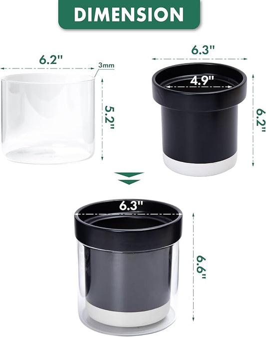 Phoenix Vine 6 Inch Self Watering Terracotta Planter, Black Terracotta Clay Pot with Glass Reservoir for Indoor Plants, Herbs, Flowers, Set of 1, 52-C-F-1