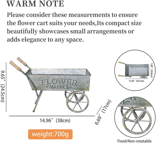 15 Inch Farmhouse Small Flower Cart with Wooden Handles Metal Wagon Planters for Outdoor Plants Decorative Wheelbarrow Plant Cart for Patio Garden Balcony Gray