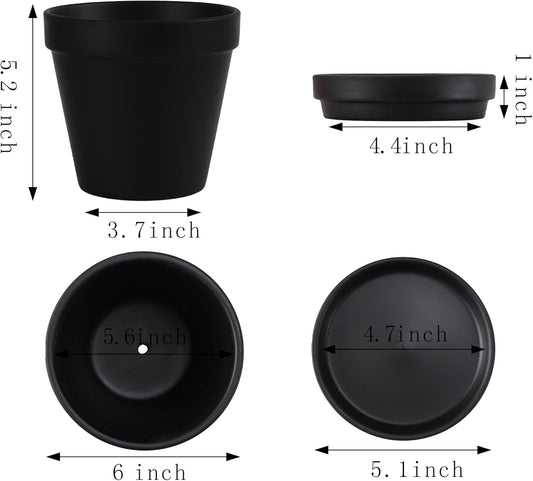 Yishang Large Terra Cotta Pots with Saucer-4 Pack Large 6'' Terra Cotta Plant Pot with Drainage Hole, Flower Pot with Tray, Terracotta Pot for Indoor Outdoor Plant(Black)