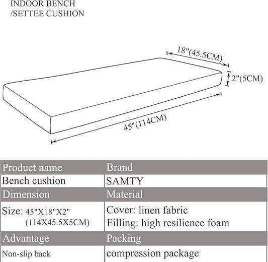 Bench Seat Memory Foam Chair Pads Non-Slip Rubber Back Indoor Swing/Settee Cushion 45 x 18 inch