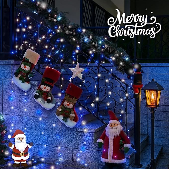 4 Pack 180FT Solar Christmas Lights Outdoor Waterproof, Super Bright 320 LED Solar String Lights with 8 Lighting Modes, Green Wire Twinkle Tree Light for Outside Xmas Party Decorations(Blue and White)