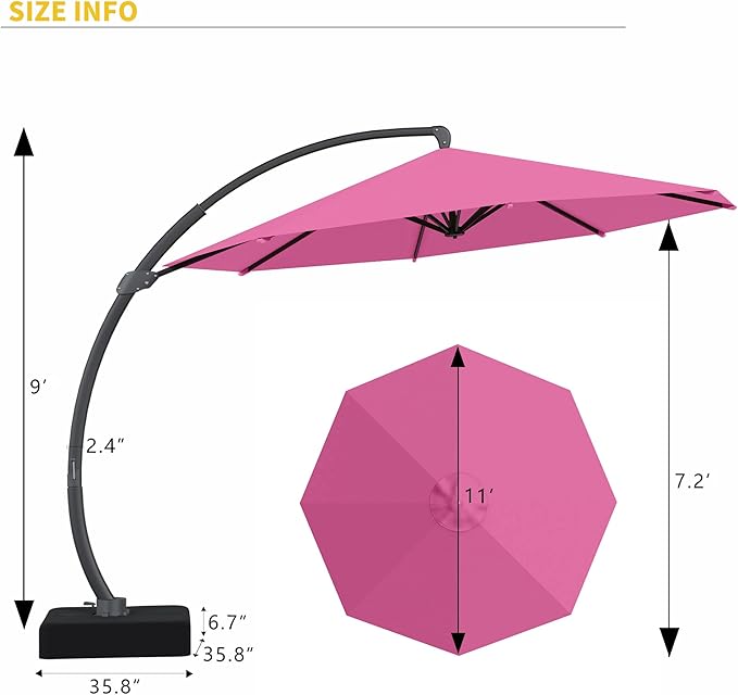 Kingdura 11ft Cantilever Patio Umbrella with Base Included, Large Round Offset Outdoor Pool Umbrella, 360° Rotation & Infinite Tilt, Heavy Duty Aluminum Frame for Deck Backyard, Rose Pink