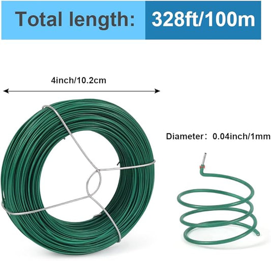 328 Feet Plant Twist Tie Plastic Coated Soft Garden Metal Wire 1mm Thin for Gardening, Home, Office (Green)