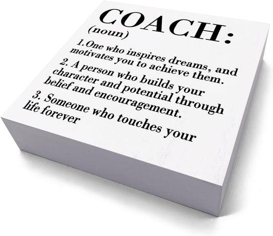 HTBIG Rustic White Wooden Coach Definition Sign, 5.1 x 5.1 Inches, Perfect for Home Office, Bedroom, Classroom, Cubicle, Counseling Desk, Shelf, Table Decoration