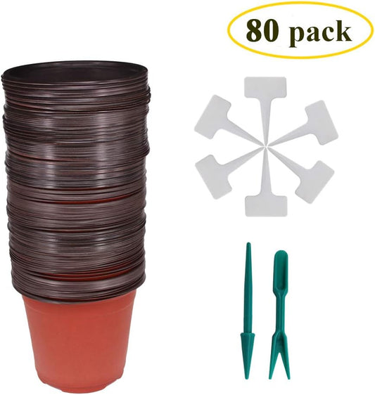 80 Pcs 6" Plastic Seedlings Plants Nursery Pots with 80 Pcs Waterproof Plastic T-Type Plant Tags and 2Pcs/Set Transplanting Digging Mini Tools