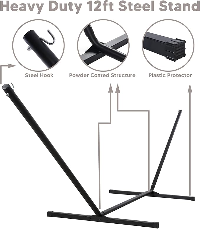 SUNCREAT Hammock with Stand 2 Person Heavy Duty, Freestanding Hammock with Spreader Bar, Soft Pillow, Gray Stripes