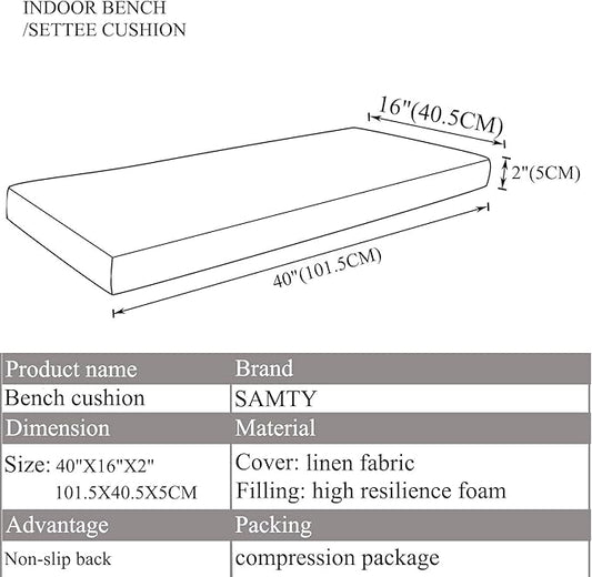 Bench Seat Memory Foam Chair Pads Non-Slip Rubber Back Indoor Swing/Settee Cushion 40 x 16 inch, Khaki