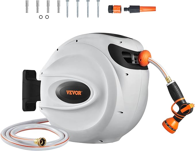 VEVOR Retractable Hose Reel, 65 ft x 5/8 inch, 180° Swivel Bracket Wall-Mounted, Garden Water Hose Reel with 9-Pattern Nozzle, Automatic Rewind, Lock at Any Length, and Slow Return System