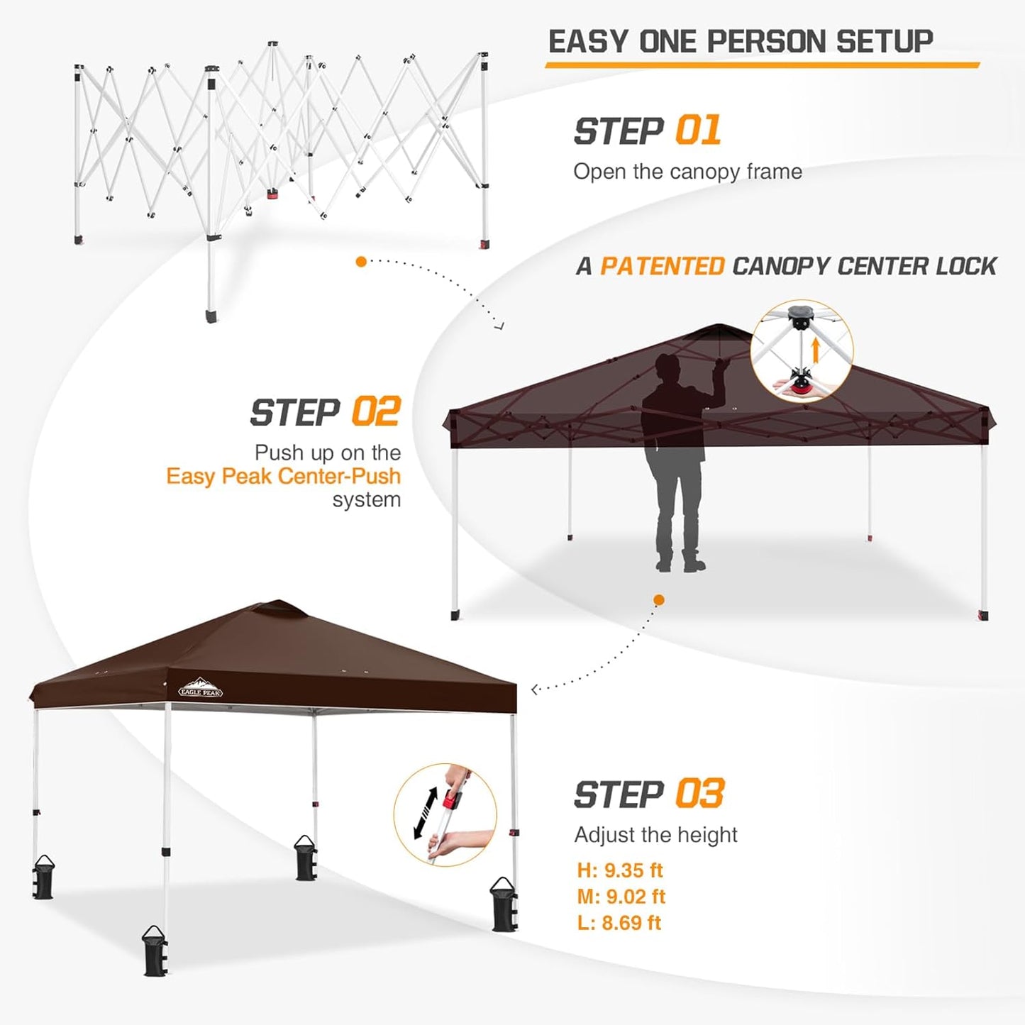 EAGLE PEAK Pop Up Canopy Tent with Wheeled Carry Bag, 8 Stakes, 4 Ropes, 4 Weight Bags, Easy Set Up Tent Canopy, 10x10 ft, 100sqft of Shade,Brown