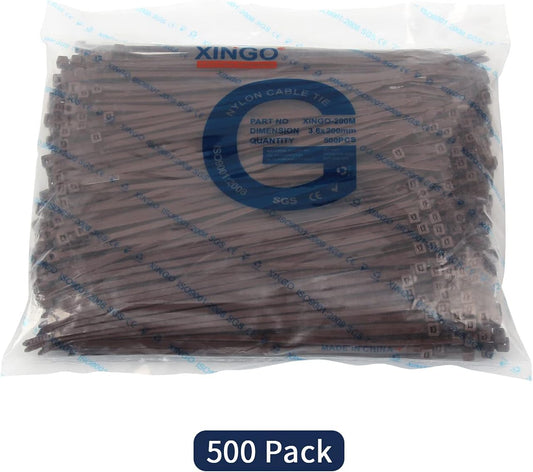XINGO 8 Inch Brown Cable Zip Ties (500 Pack), 40 Lbs Tensile Strength-Heavy Duty, Self-Locking Nylon Plastic Nylon Wire Ties for indoor and outdoor use