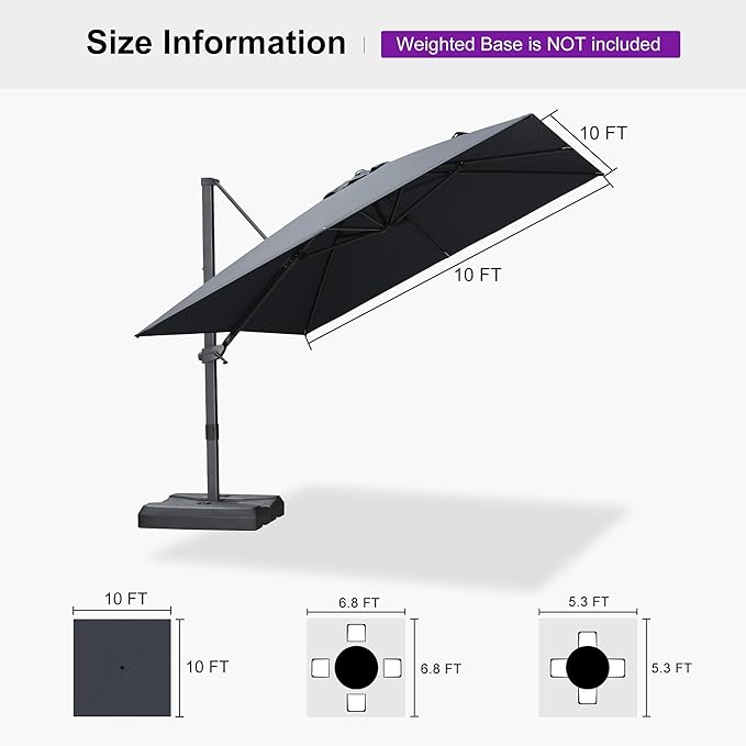 PURPLE LEAF 10' × 10' Patio Cantilever Umbrella Outdoor Square Adjustable Offset Umbrellas with 360-degree Rotation and 8 Heavy Duty Metal Ribs for Garden Deck Pool Gray