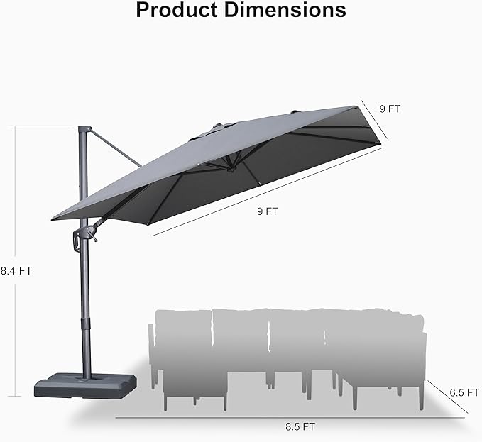 PURPLE LEAF 9 FT Cantilever Patio Umbrella Outdoor Aluminum Offset Square Umbrella with 3 Years Fade Resistance Recycled Fabric and 360-degree Rotation for Deck Pool Garden, Mist Grey