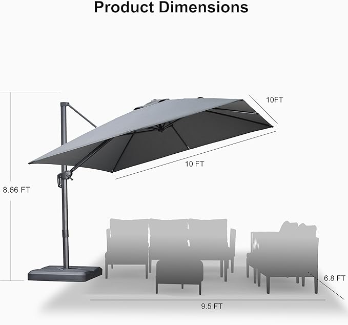 PURPLE LEAF 10 FT Cantilever Patio Umbrella with Base Outdoor Aluminum Offset Square Umbrella with 3 Years Fade Resistance Recycled Fabric and 360-degree Rotation for Deck Pool Gard, Mist Grey