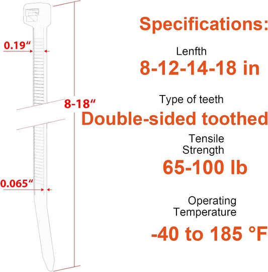 Zip Ties Assorted Size,8+12+14+18 Inch Double Sided Toothed,100 LBS Tensile Strength Heavy Duty Cable Wire Ties With Self-Locking Adjustable More Durable Nylon Tie Wraps for Indoor Outdoor(400 Pack)