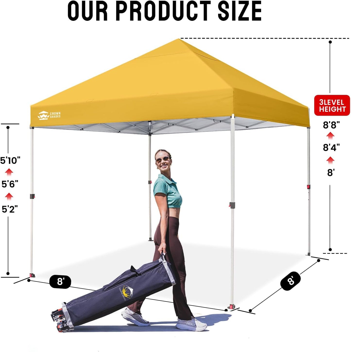 CROWN SHADES 8x8 Pop Up Canopy - Beach Tent with One Push Setup - Easy Outdoor Sun Shade for Events, Parties, Camping - Gazebo with STO-N-Go Cover Bag, Silver Coated Top, Yellow
