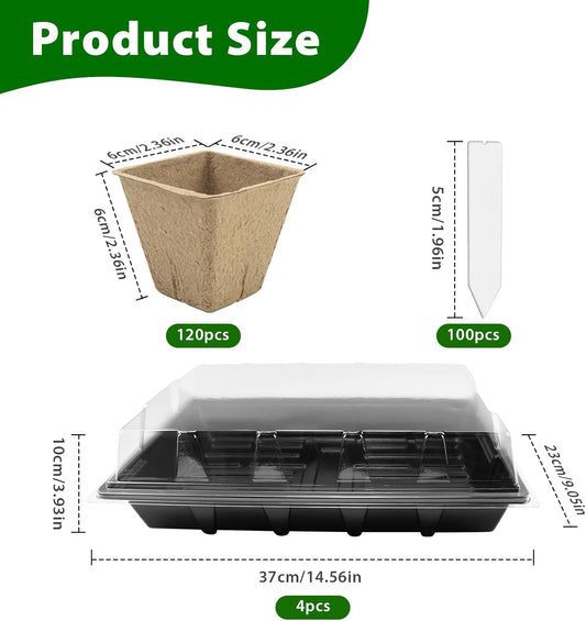 JOPY 4 Pack Seed Starter Tray Kit for Indoor Outdoor Garden Seeding Plastic Germination Trays with 120 Square Seed Peat Pots for Plant Growing