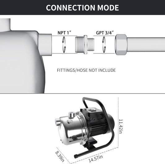 LANCHEZ 1.2 HP Portable Shallow Well Garden Pump, 1828 GPH Stainless Steel Sprinkler Pump, 115V Water Transfer Draining Irrigation for Lawn