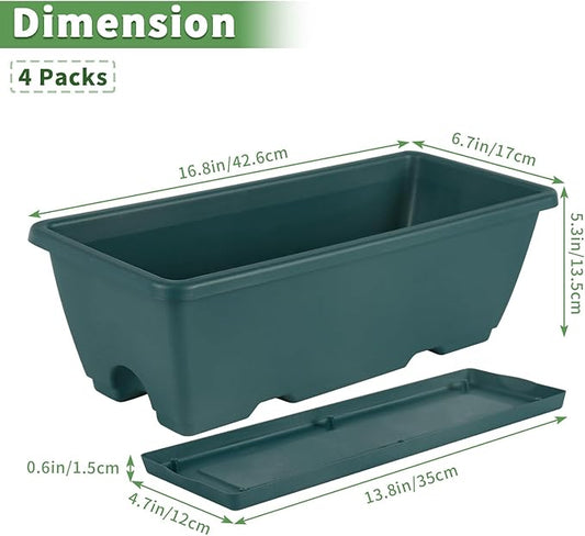 HAITRAL Railing Planter Boxes (16.9 Inch, 4 Pack) Green Plastic Deck Rail Planter for Outdoor Plants, Hanging Window Boxes Planter with Drainage Tray for Over Rail Porch Fence,Balcony & Home Decor