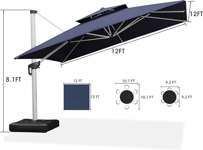 PURPLE LEAF 12 FT Cantilever Patio Umbrellas with Base Included, Large Square Offset Umbrella with 360° Rotation, Outdoor Aluminum Pool Umbrella for Pool Lawn Garden, Navy Blue
