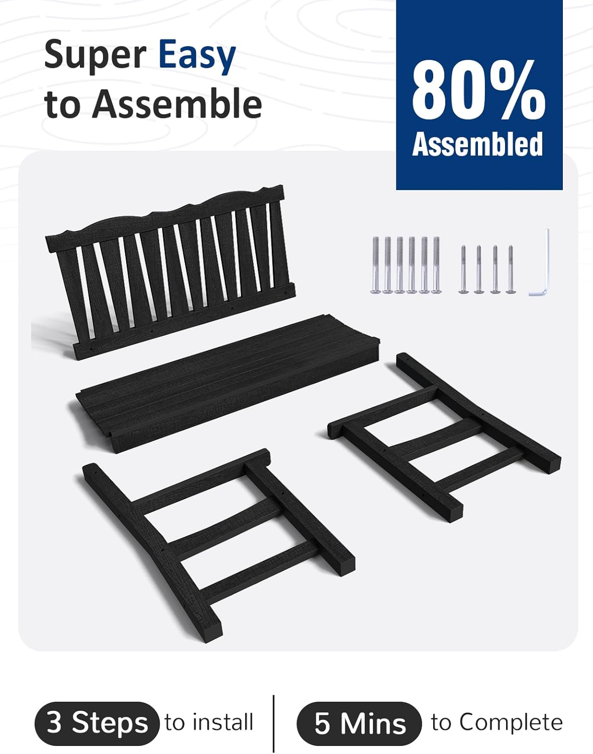 Outdoor Rocking Chairs Set, Weatherproof HIPS Outdoor Furniture, Include 2 Patio Rocking Chairs + Outdoor Bench, Suit for Garden, Porch, Lawn & Backyard(Black)