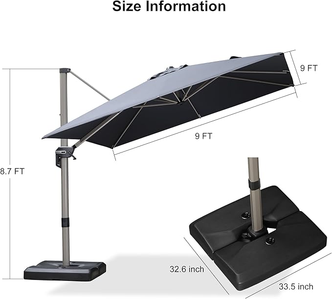 PURPLE LEAF Patio Umbrella with Base Included, 9ft Outdoor Aluminum Cantilever Umbrella with 360° Rotation, Aluminum Large Offset Umbrella for Outdoor Garden Pool, Grey