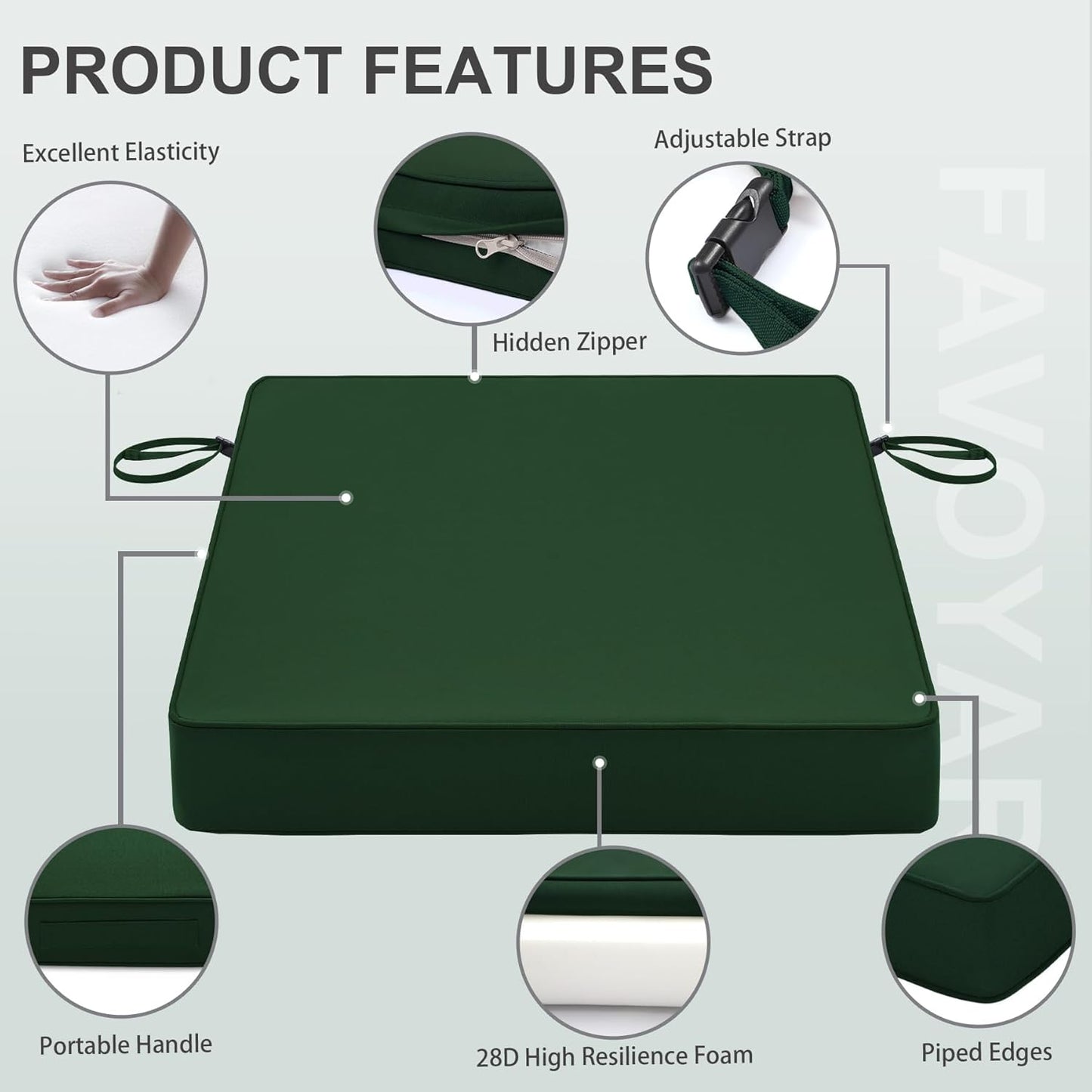 Favoyard Patio Chair Cushions 20 x 20 x 3 Inch Waterproof Outdoor Seat Cushions for Patio Furniture 3-Year Color Fastness Garden Sofa Couch Chair Pads with Handle & Adjustable Straps Set of 2, Green