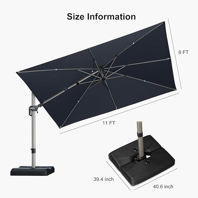 PURPLE LEAF 11.5' X 8' Left-right Tilting Patio Umbrella with Base Outdoor Swivel Cantilever Offset Aluminum Umbrella with Champagne Frame and 360-degree Rotation for Garden Deck Pool, Grey