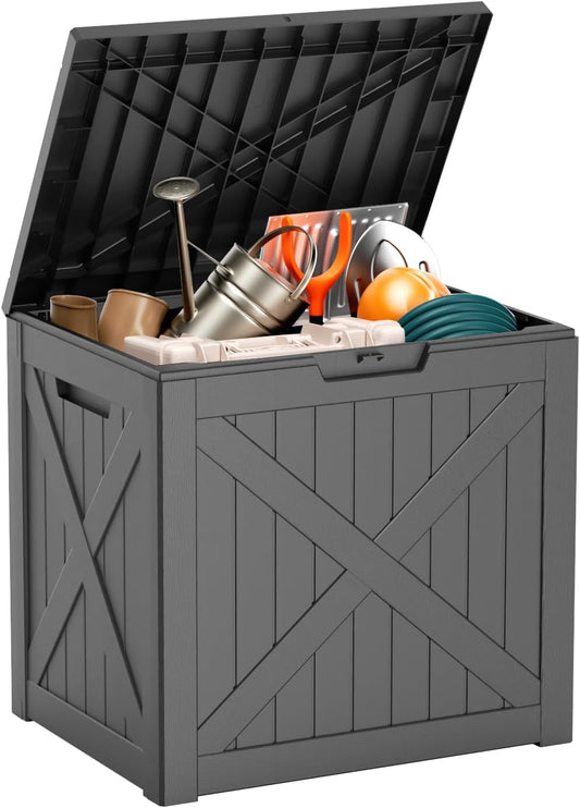 32 Gallon Resin Deck Box, Lockable Outdoor Storage Box for Patio Cushions Storage Furniture,Garden Tools, Pool Supplies, Weatherproof and UV Resistant(Black X)